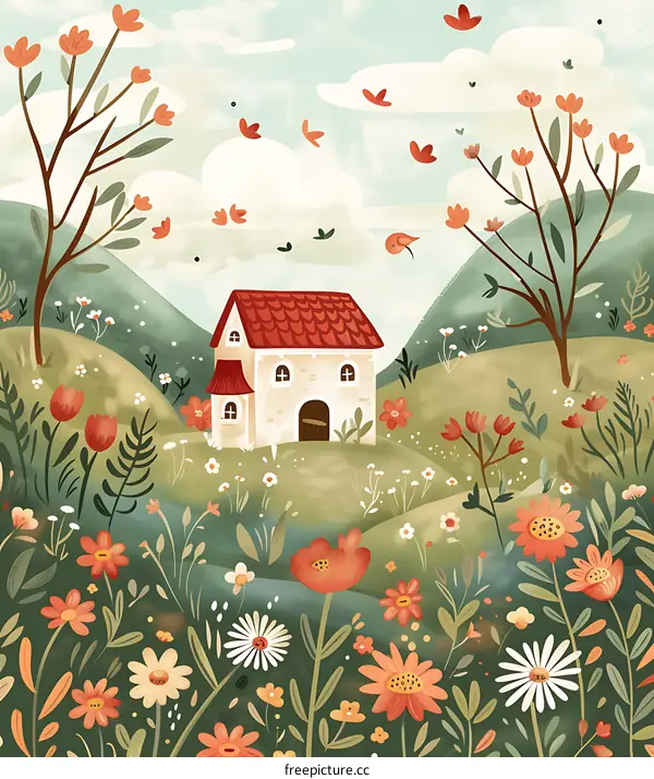 Springtime Cottage Illustration With Flower Garden