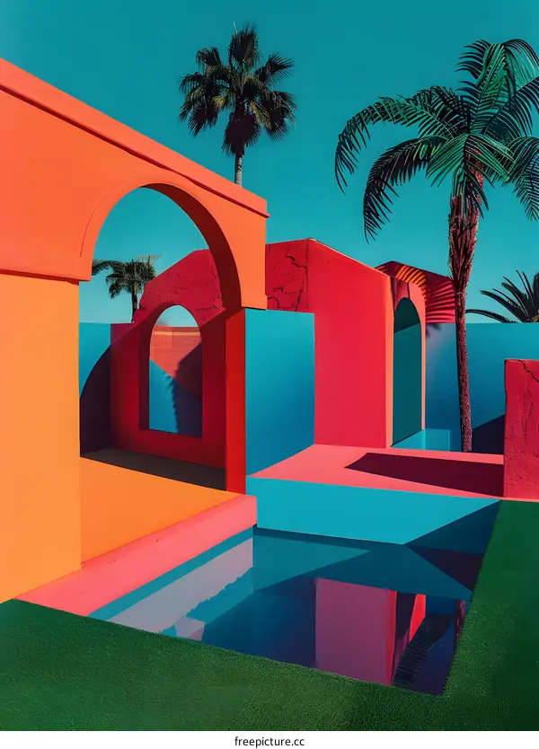 Abstract Minimalist Summer Architecture with Palm Trees and Blue Pool