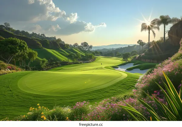 Tropical island golf course with green hills and blue sky