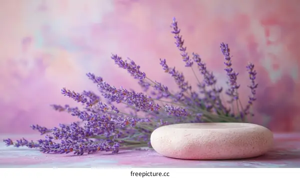 Lavender Blossoms on a Pink Background with a Stone