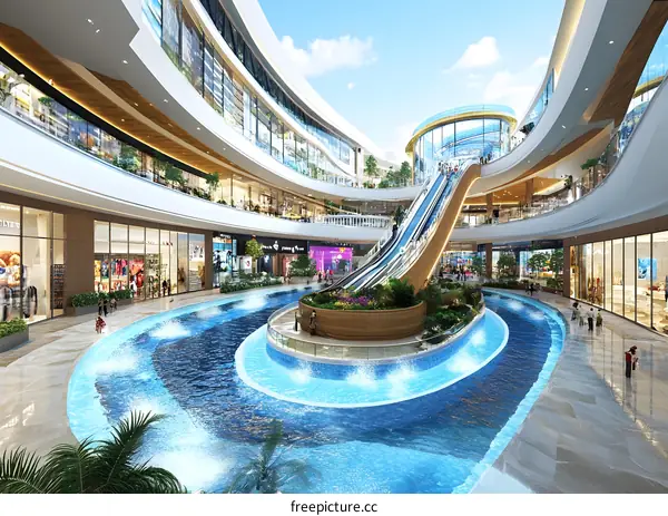 Modern Indoor Mall with Water Feature and Escalator