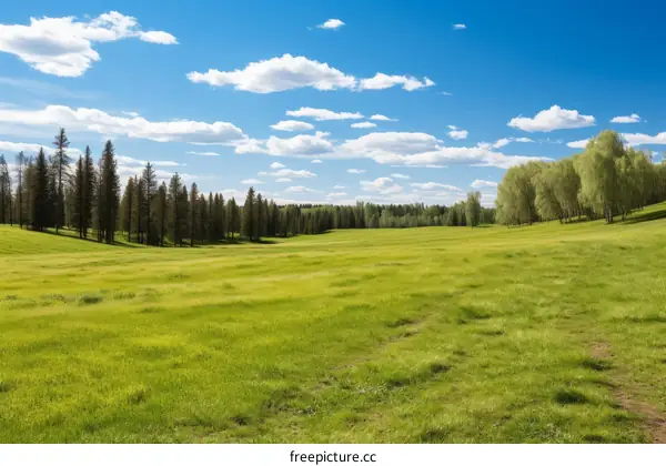Vast green field under blue sky and white clouds