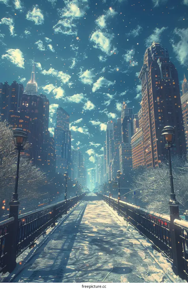 Winter Snowy Cityscape Bridge Illustration