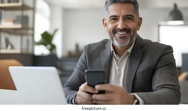 Smiling Businessman using Smartphone in Office Environment