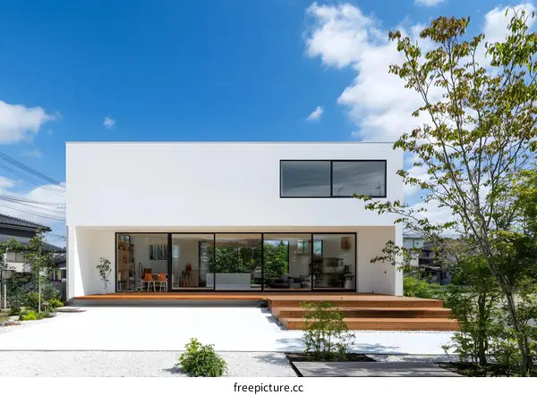 Modern White House with Wooden Deck and Patio