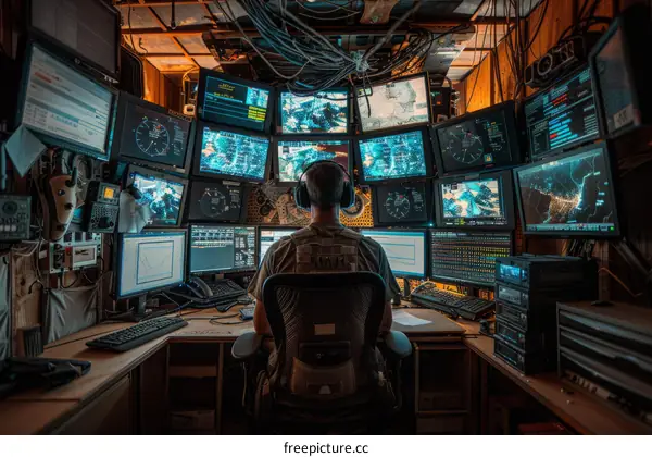 Soldier using a computer system to monitor multiple screens