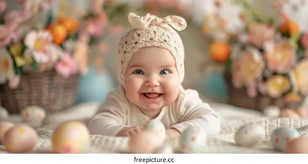 An adorable baby girl in an Easter bonnet surrounded by colorful Easter eggs
