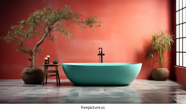 Blue bathtub in a red room with tree and plants