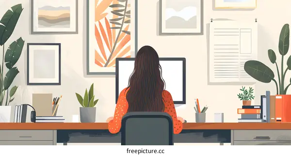 A woman is sitting at her desk working on her computer.