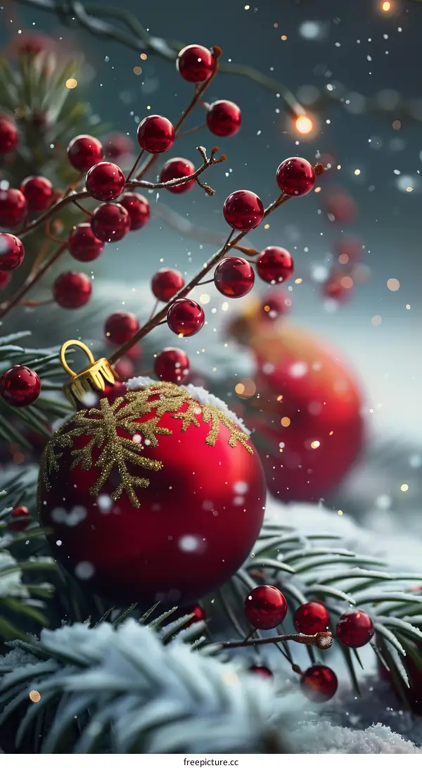 Christmas Tree Ornament with Holly Berries and Ribbon