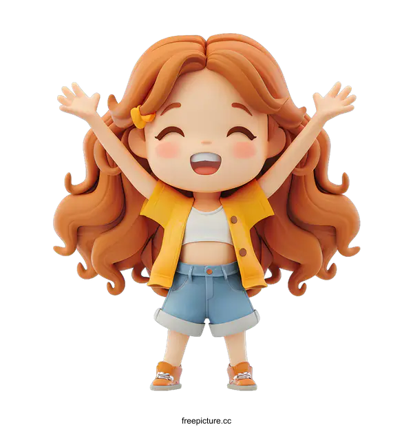[Transparent Background PNG]cute cartoon girl with long brown hair and blue eyes wearing a yellow shirt and blue shorts raising her hands in the air