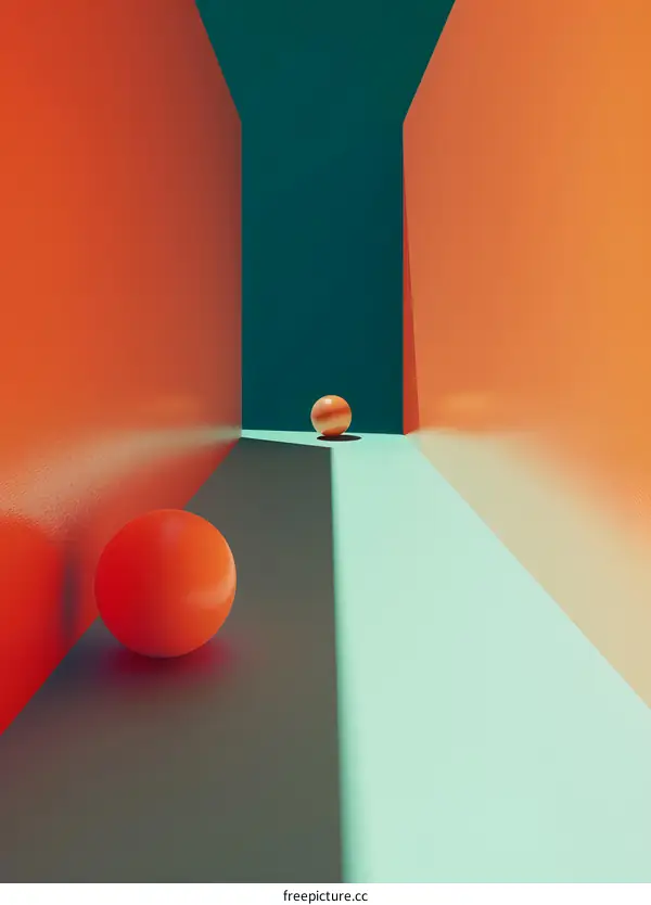 Abstract Minimalist 3D Rendering of Orange Spheres in a Room with Teal Walls