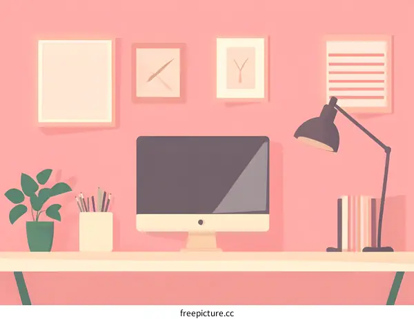 Pink Minimalist Home Office Desk Illustration