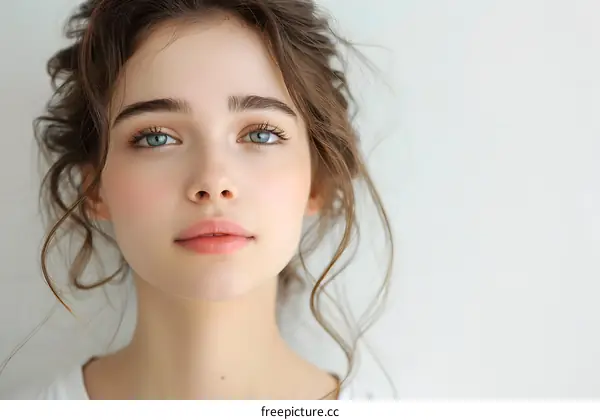 portrait of a beautiful young woman with brown hair and blue eyes