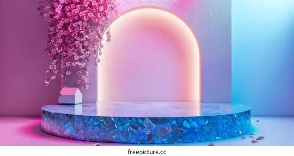 Pink and Blue Podium with Cherry Blossom Tree