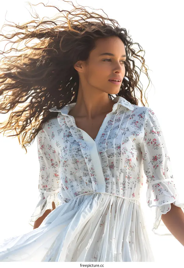 Woman in White Dress with Flowing Hair