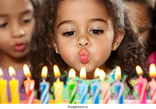 Little Girl Blowing Out Candles On Birthday Cake