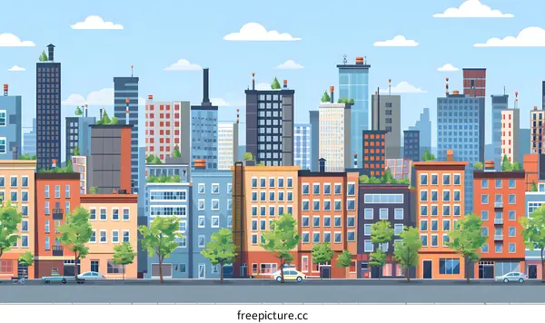 Modern Cityscape with Green Roof Buildings and Blue Sky