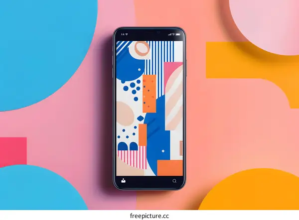 Smartphone on a Pink and Blue Background with Geometric Shapes