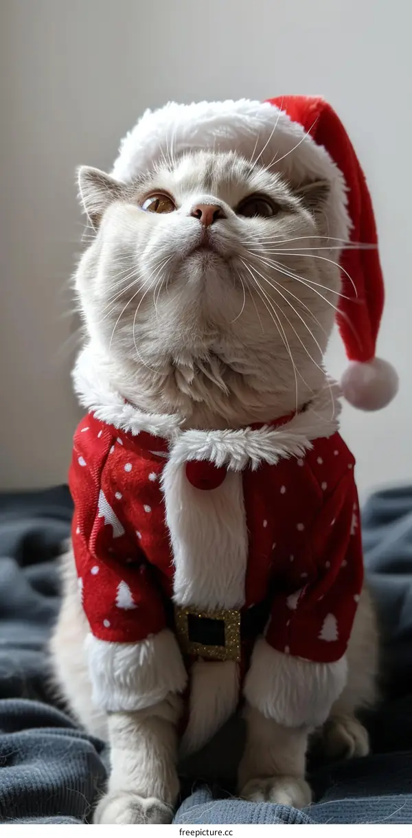 A cute cat wearing a Santa hat and a Christmas costume