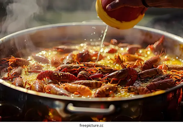 A large pot of boiling crawfish with a hand squeezing a lemon over it