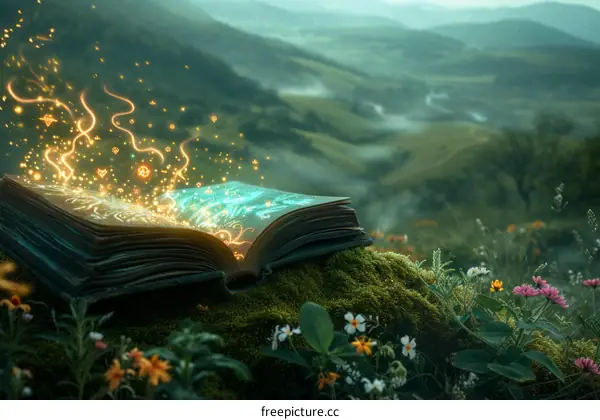 An open book of magic spells with a beautiful landscape in the background