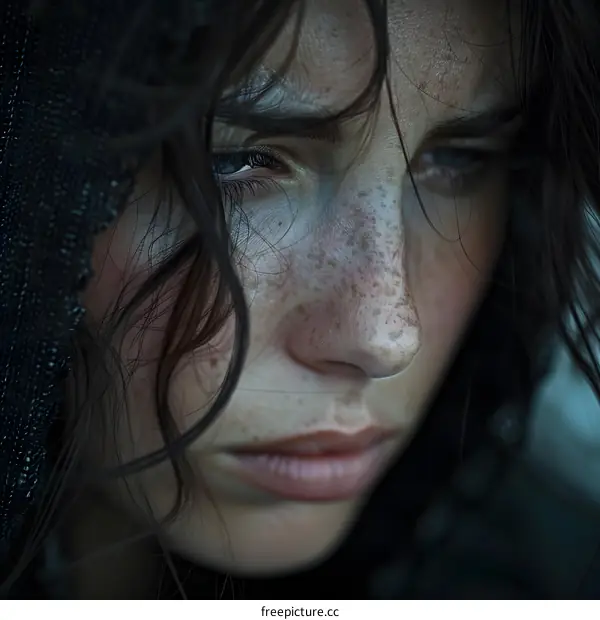 A close-up portrait of a young woman with freckles on her face