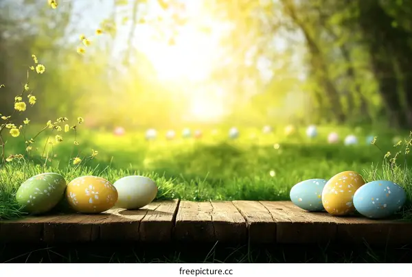 Easter Eggs on Wooden Table Spring Background
