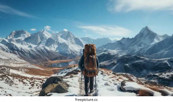 A lone hiker traverses a snowy mountain landscape with a large backpack