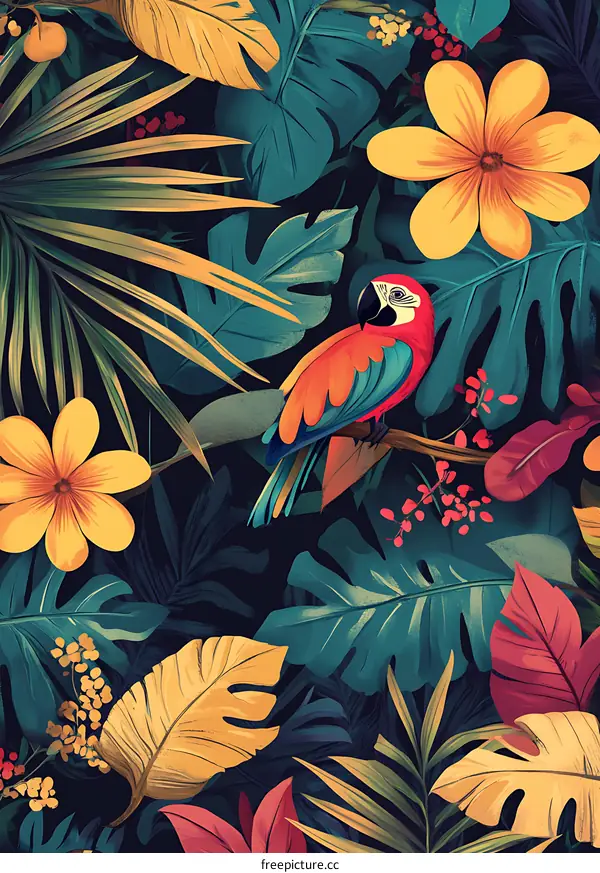 Tropical Parrot Illustration with Lush Greenery