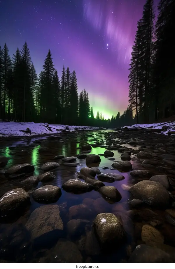 Aurora borealis over river and trees at night
