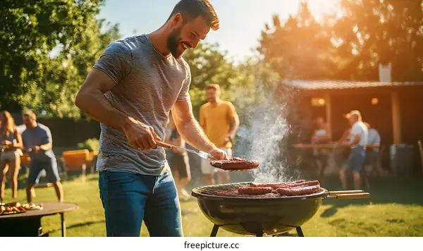 Man Grilling Sausages at Backyard Barbecue