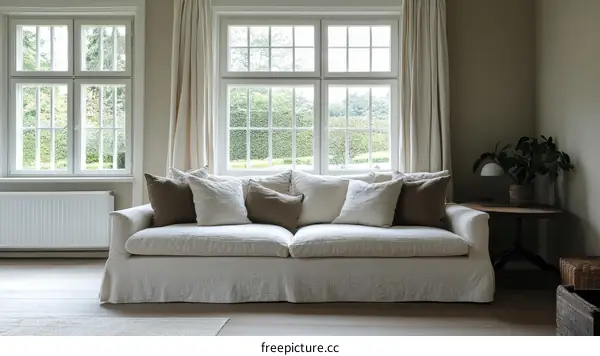 Beige Sofa in a Light Beige Living Room with Big Windows
