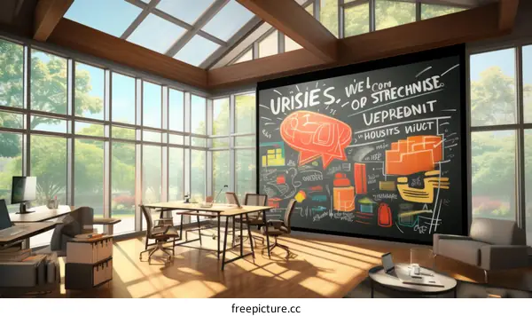 A modern office space with a large blackboard wall