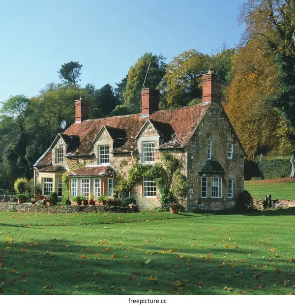Stone-Walled Cottage with Thatched Roof in the English Countryside