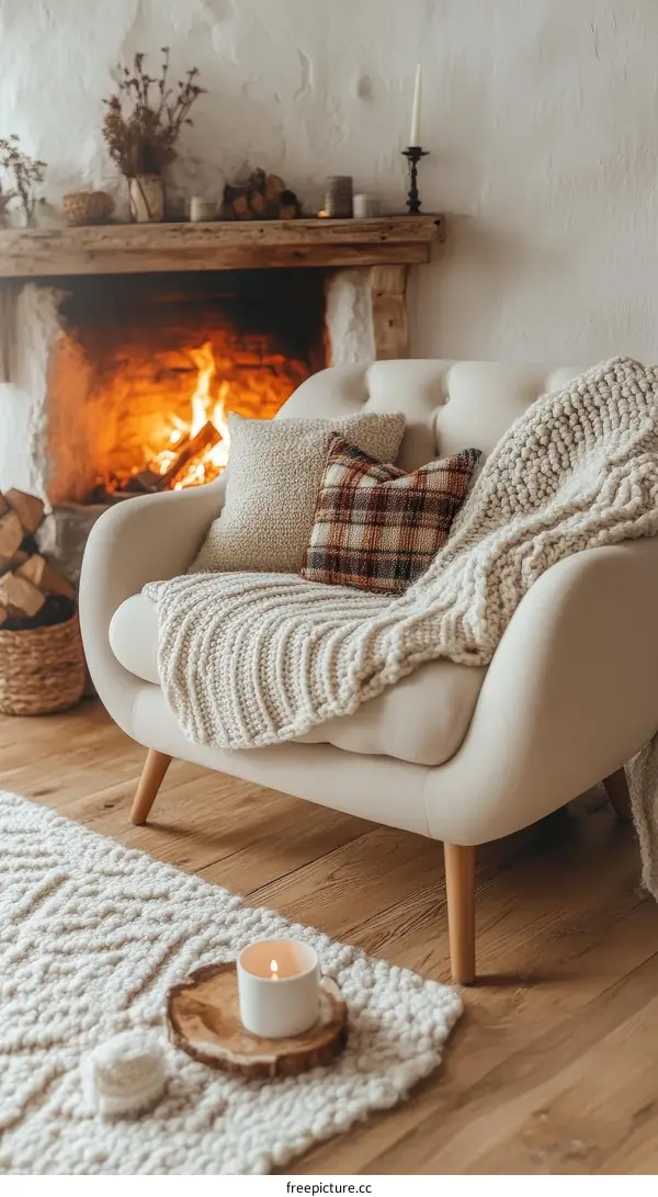 Cozy Living Room with Fireplace and Armchair