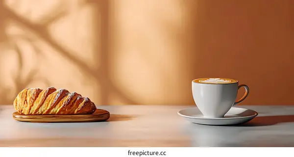 Coffee and Croissant on a Wooden Board