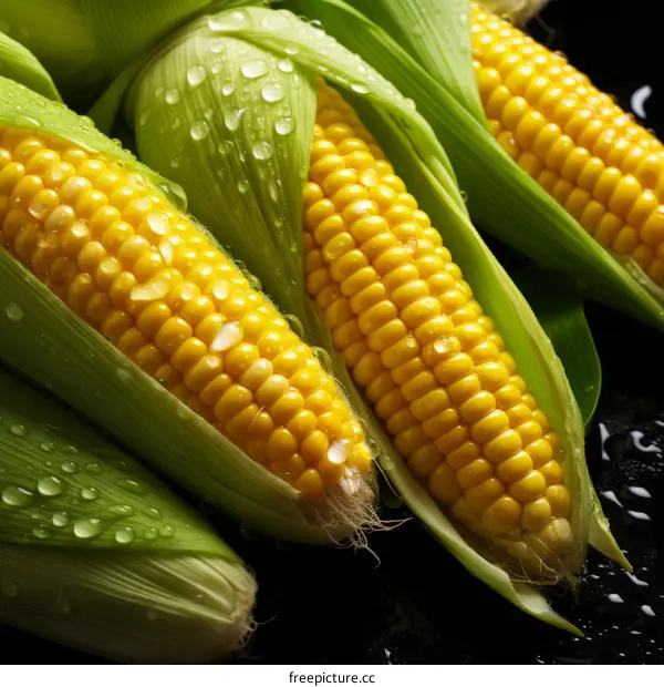Close-up of fresh corn on the cob with water drops