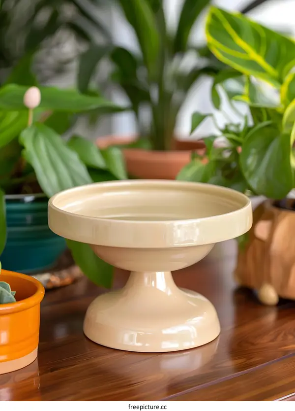 Beige Ceramic Pedestal Bowl on Wooden Table