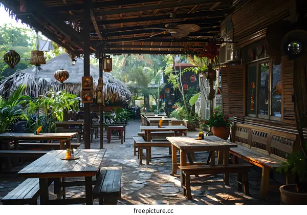 The interior of a cozy restaurant with wooden tables and chairs