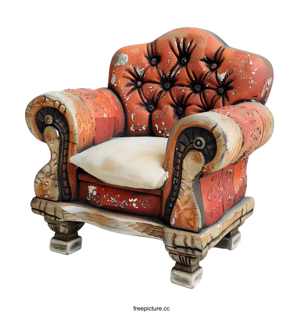 [Transparent Background PNG]Vintage Armchair With Worn Leather Upholstery And Wooden Frame
