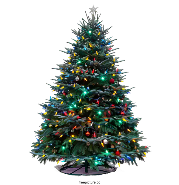 [Transparent Background PNG]Christmas Tree Decorated with Colorful Lights and Ornaments on White Background