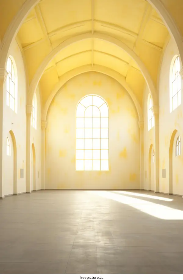 Bright empty church interior with large arched windows