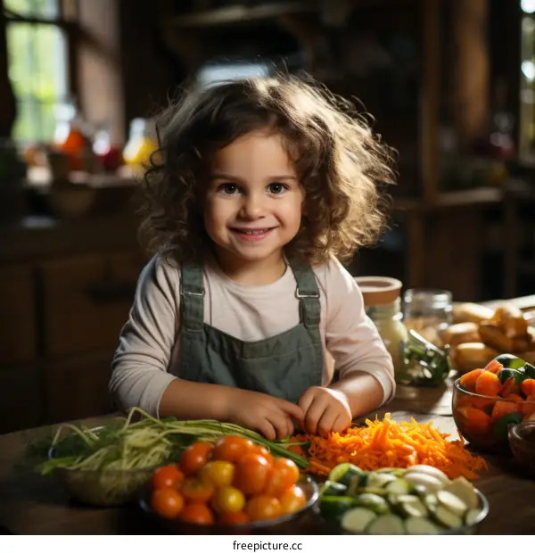 Little girl with curly hair is helping to cook in the kitchen