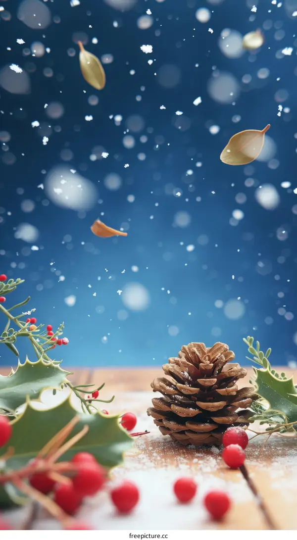 Snowy Pinecone with Holly Berries and Leaves