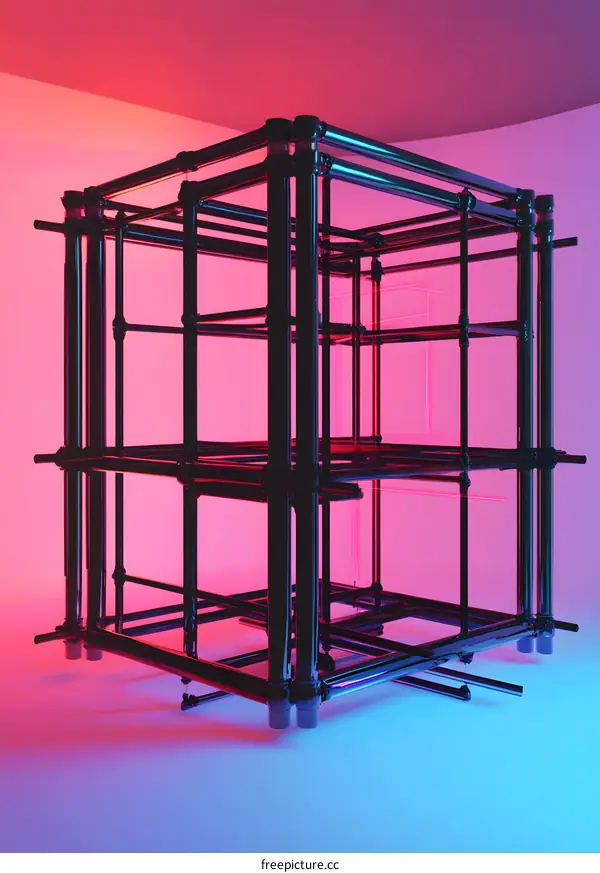 Abstract 3D Render Of Black Metal Wireframe Cube With Pink And Blue Neon Light