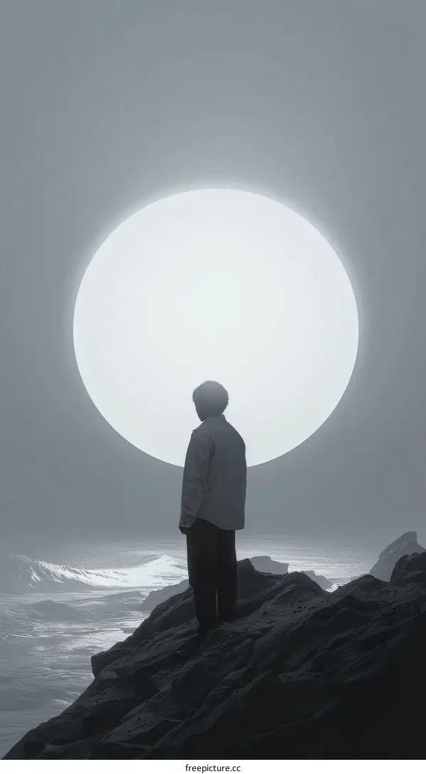 Man standing on a cliff looking at the giant moon