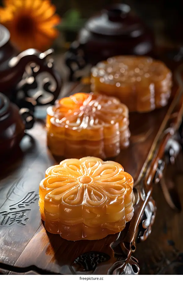 Closeup of Delicious Chinese Mooncakes on Wooden Tray