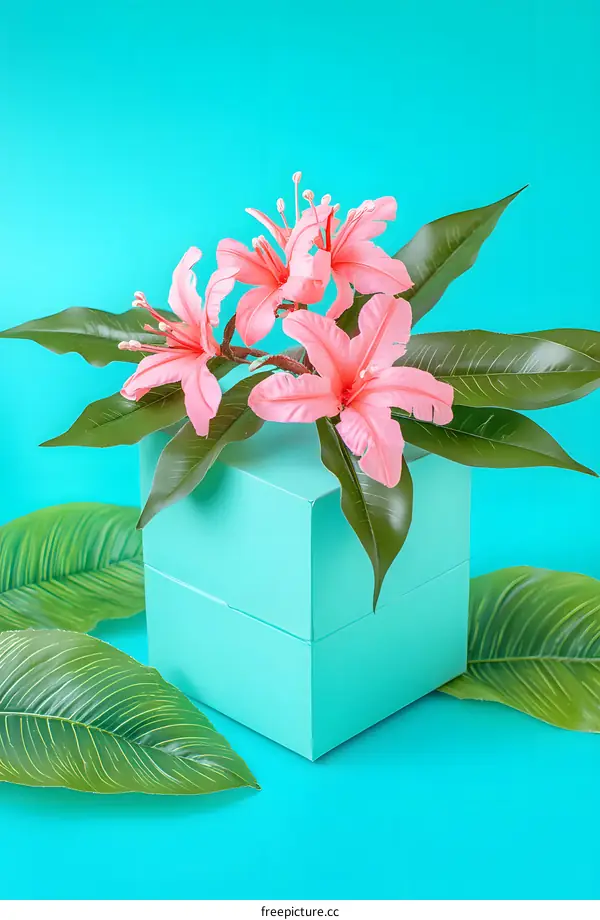 Pink Flowers and Green Leaves on a Turquoise Background
