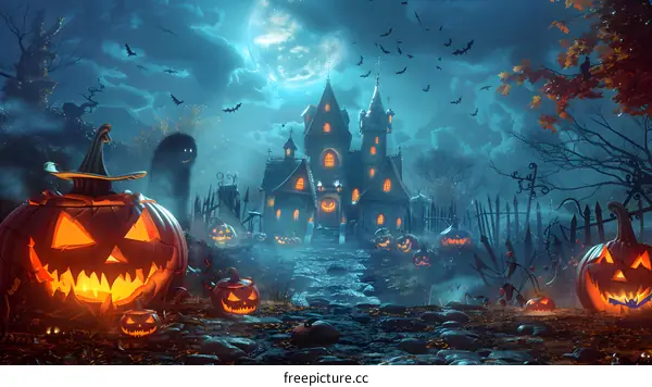 Halloween Jack-o-lanterns and Haunted House